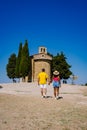 San Quirico d'Orcia, Italy Chapel Capella della Madonna di Vitaleta in Val d' Orcia, Tuscany, Italy at Sunrise or Dawn