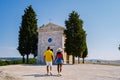 San Quirico d'Orcia, Italy Chapel Capella della Madonna di Vitaleta in Val d' Orcia, Tuscany, Italy at Sunrise or Dawn Royalty Free Stock Photo