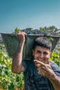 San Rafael, Argentina, March 13, 2020: Men harvesting fine grapes