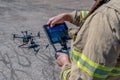 San Rafael, Argentina, november 6, 2020:Drone remote control in hand man.Man operating of flying drone Royalty Free Stock Photo