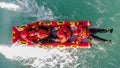 San Rafael, Argentina, november 6, 2020: firefighters in water rescue drill, using canoe and special suits. Aerial view from drone Royalty Free Stock Photo