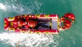 San Rafael, Argentina, november 6, 2020: firefighters in water rescue drill, using canoe and special suits. Aerial view from drone Royalty Free Stock Photo