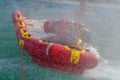 San Rafael, Argentina, november 6, 2020: firefighters in water rescue drill, using canoe and special suits. Aerial view from drone Royalty Free Stock Photo