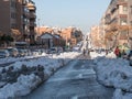 Roads opened through the snow for the transit of vehicles after the passage of the storm Filomena in the streets of the city