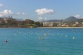 San Sebastian landmark, view from the sea. Famous beach called La Concha in San Sebastian, Spain. Scenic bay of Biscay. Royalty Free Stock Photo