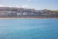 San Sebastian landmark, view from the sea. Famous beach called La Concha in San Sebastian, Spain. Scenic bay of Biscay. Royalty Free Stock Photo