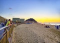 The Zurriola Beach at sunset with the Monte Urgull in the background. San Sebastian, Basque Country. Spain. Royalty Free Stock Photo