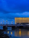 SAN SEBASTIAN, SPAIN - October 29: Urumea River and Moneo cubes at dusk in the city of Donostia Royalty Free Stock Photo