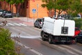 Truck disinfecting the streets with jets of disinfecting liquid due to the alertness for the coronavirus