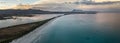 San Teodoro sand beach with lagoon, mountain of island Tavolara and coastline in Sardinia Italy from above during sunset Royalty Free Stock Photo