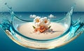 two beautiful exotic flowers and orange heart in splash of blue water Royalty Free Stock Photo