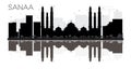 Sanaa City skyline black and white silhouette with reflections. Royalty Free Stock Photo