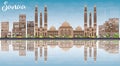 Sanaa (Yemen) Skyline with Brown Buildings, Blue Sky and Reflect