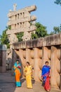 SANCHI, INDIA - FEBRUARY 4, 2017: Local women visit Stupa 1, ancient Buddhist monument at Sanchi, Madhya Pradesh, Ind