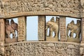 Sanchi Stupa, ancient buddhist hindu statue details, religion mystery, carved stone. Travel destination in Madhya Pradesh, India.