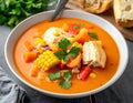 Sancocho, a soup made with chicken, vegetables, and corn generative ai Royalty Free Stock Photo
