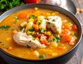 Sancocho, a soup made with chicken, vegetables, and corn generative ai Royalty Free Stock Photo