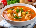 Sancocho, a soup made with chicken, vegetables, and corn generative ai Royalty Free Stock Photo