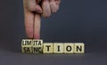 Sanction and limitation symbol. Businessman turns cubes, changes the word limitation to sanction. Beautiful grey table, grey