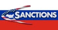 Sanctions Against Russian Economy. USA Nutcraker Surrounding Map of Russia with the Word SANCTION text on Russian Flag