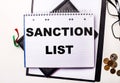 Sanctions list on a desk. Keyboard, glasses and book. Government act for sanctioned countries concept