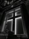 Interior wooden church in Pratulin. Artistic look in black and white