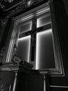 Interior wooden church in Pratulin. Artistic look in black and white