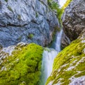 Waterfall of Soca River near the Source of SoÃÂa. First Kilometer after main Pond Cave in Julian Alps. Bovec, Gorizia, Slovenia,