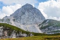 Detail view on western wall of Mount Mangart in the Julian Alps. Taken from Mangart Saddle, inside Triglav National Park. Border