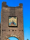 Sanctuary of Our Lady of Love in Rome, Italy, image-mosaic of Mary, Our Lady of Love on the entrance gate. Inscription: Mother of