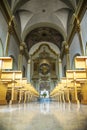 Sanctuary of Queralt interior. Benches aisle, the altar and some reflections. Empty copy space Royalty Free Stock Photo