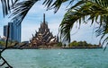 Sanctuary of Truth. Beautiful Landmark view of sculpture of Sanctuary of Truth temple with sunset sky background in Pattaya,