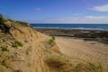 Sand access french sea coast with sunny atlantic beach ocean in summer day