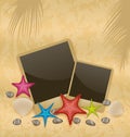 Sand background with photo frames, starfishes, peb