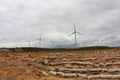 Sand bags on dusty ground with wind farm