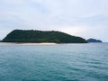 Sand beach abondend island tropical trees warm blue light ocean water sea ferry transport gulf thailand sky koh samui Royalty Free Stock Photo