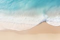 sand beach from above with light blue transparent water wave and sun lights, summer vacation background concept banner with copy Royalty Free Stock Photo