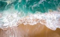 Sand beach aerial, top view of a beautiful sandy beach aerial shot with the blue waves rolling into the shore