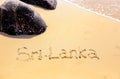 Sand beach of the Indian ocean at Mirissa, Sri Lanka. Hand written words on the beach. Island of Ceylon