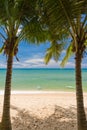 Sand beach with pams and canoes in Phu Quoc