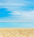 sand on the beach. sea on horizon and blue sky with clouds