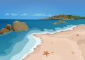 Sand beach and sea, vector colorful graphic drawing. Sandy shore with starfish and seashells, sea waves, ocean, rocks in the sea Royalty Free Stock Photo