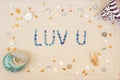 Sand on the beach in summer, the inscription love you from the shells on the sand. Flat lay. Top view Royalty Free Stock Photo