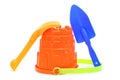 Sand / beach toy set: pail, shovel and rake Royalty Free Stock Photo