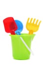 Sand- beach toy set: pail, shovel and rake Royalty Free Stock Photo