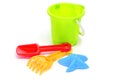 Sand / beach toy set: pail, shovel, rake and star-shaped mold Royalty Free Stock Photo