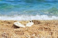 Sand blue sea and slippers Royalty Free Stock Photo