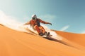 Sand boarding, desert safari. Sandboard. Sandboarding, Guy in dunes with energy, freedom and adrenaline. Orange sand and blue sky Royalty Free Stock Photo