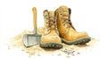 Sand, Boots, Shovel, Matches Illustration, A Detailed Workboot and Tool Image Royalty Free Stock Photo