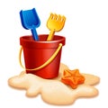 Sand Bucket, shovel and rake Royalty Free Stock Photo